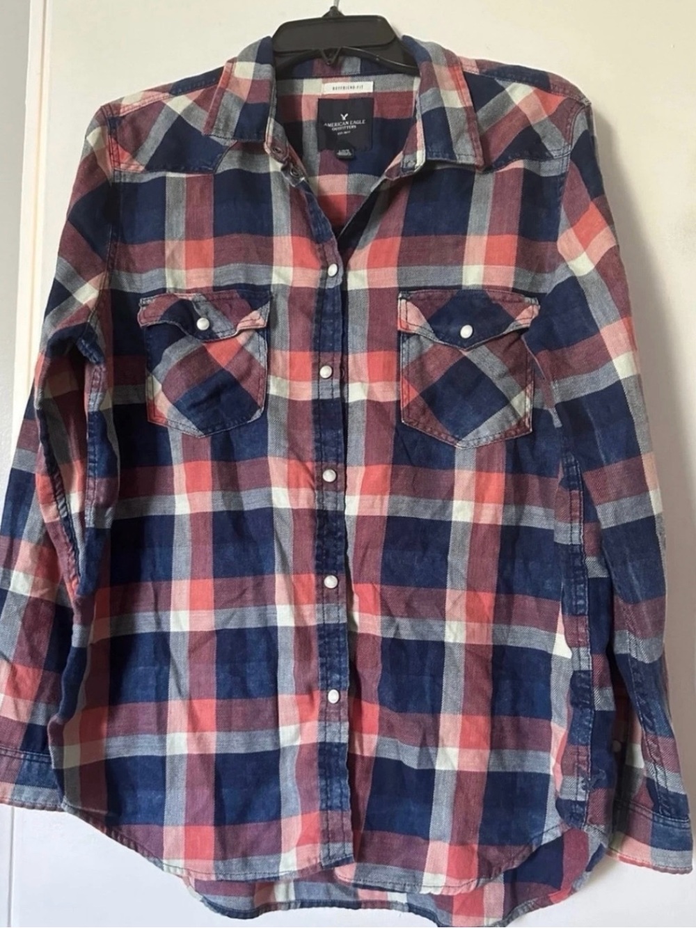 American Eagle Outfitters Plaid Button-Down Shirt in Navy & Coral